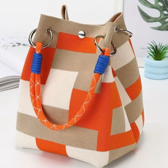 Handbags - Fashion woman Geometric Bucket Bag - Orange and Tan